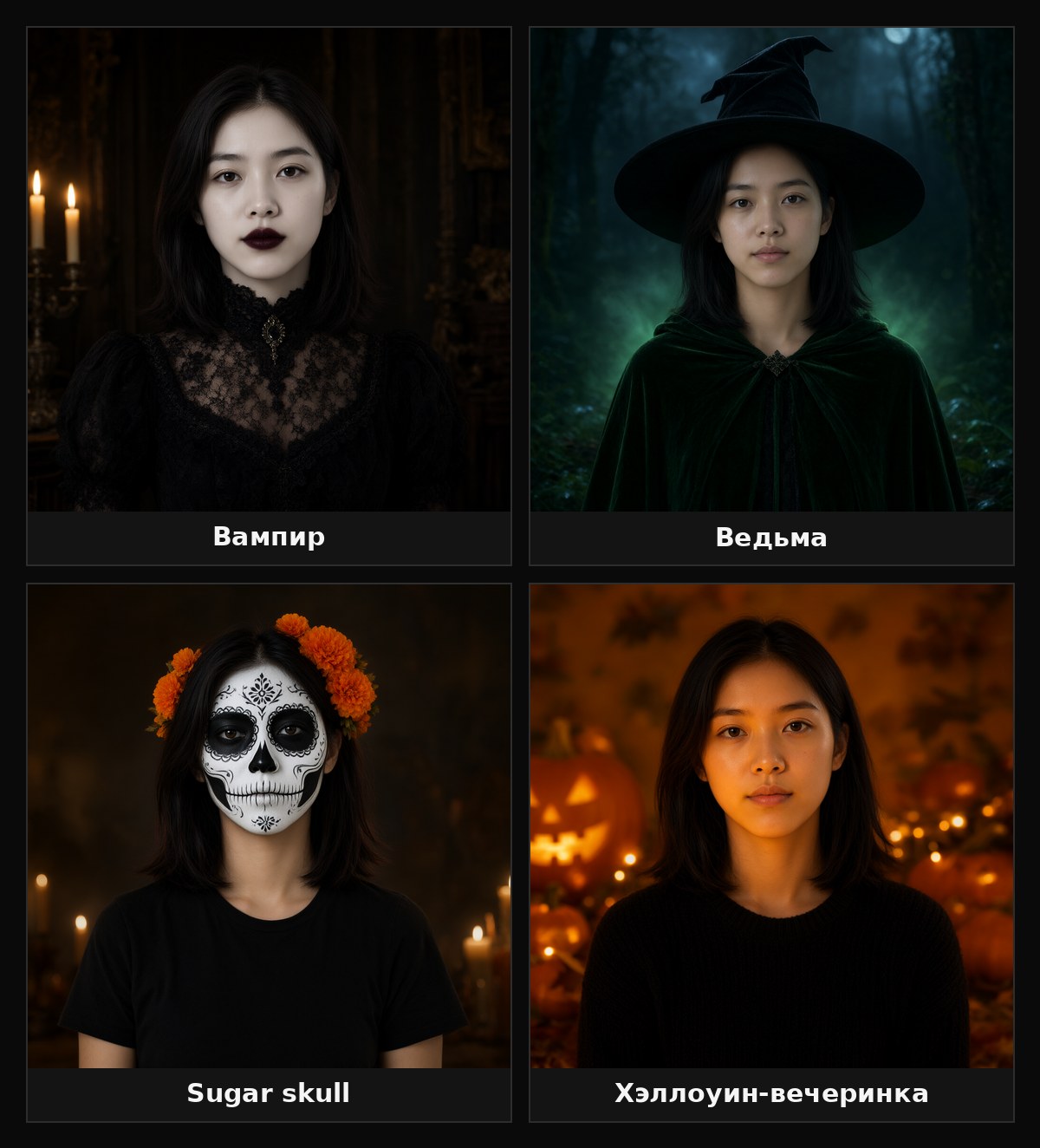 Четыре хэллоуинских образа из одного селфи: вампир, ведьма, sugar skull, хэллоуин-вечеринка
