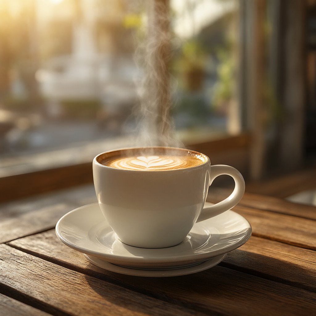 A coffee cup on a wooden table by the window, morning light, steam, photorealism