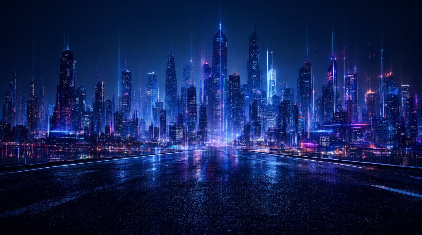 Neon city at night, reflections in wet asphalt, cyberpunk, wide shot