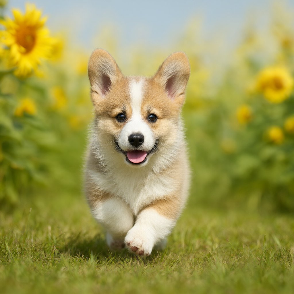 A corgi running through a field of sunflowers, summer day, soft focus
