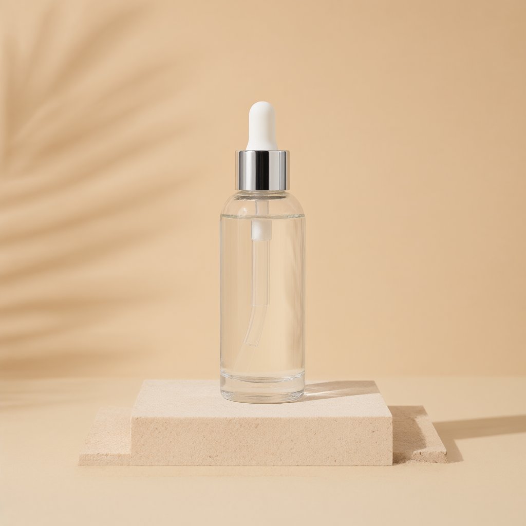 Minimalist product shot: a bottle on a beige pedestal, studio light, palm shadows