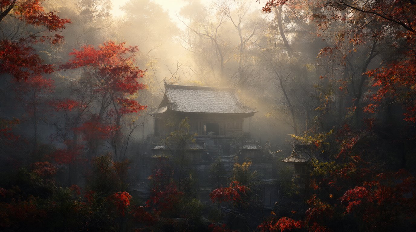 An ancient Japanese temple in a misty forest at dawn, rays of light through the canopy