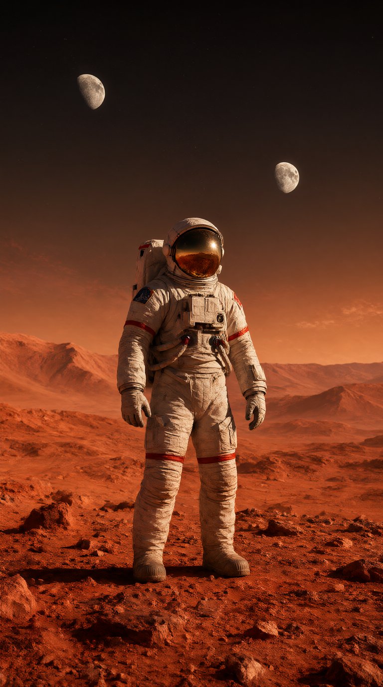 An astronaut on a red planet, two moons in the sky, dramatic light, sci-fi