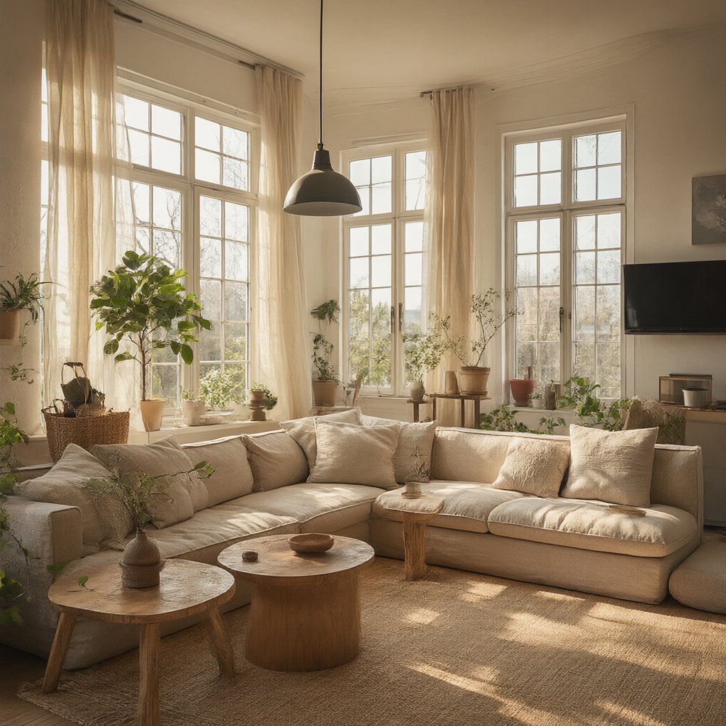 A cosy Scandinavian living room, panoramic windows, linen and plants, natural light